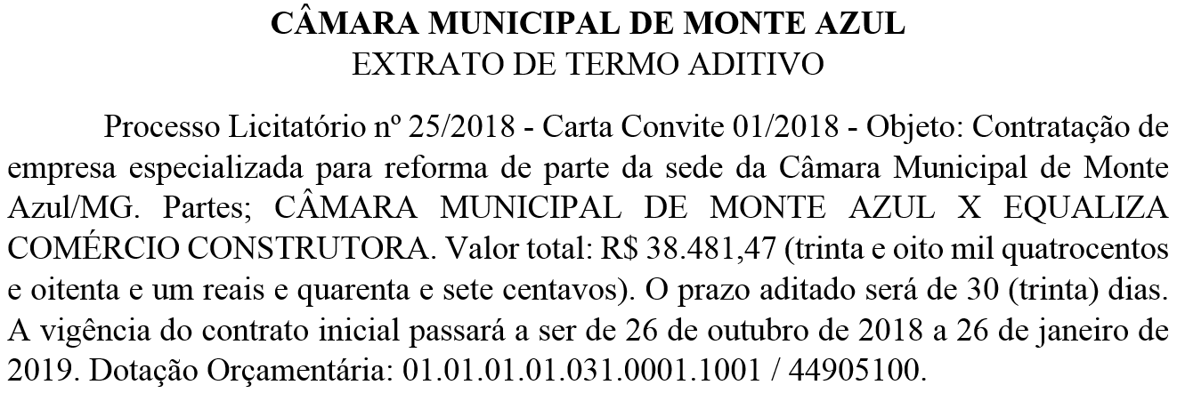 Extrato de Termo Aditivo - Câmara Municipal de Monte Azul - MG