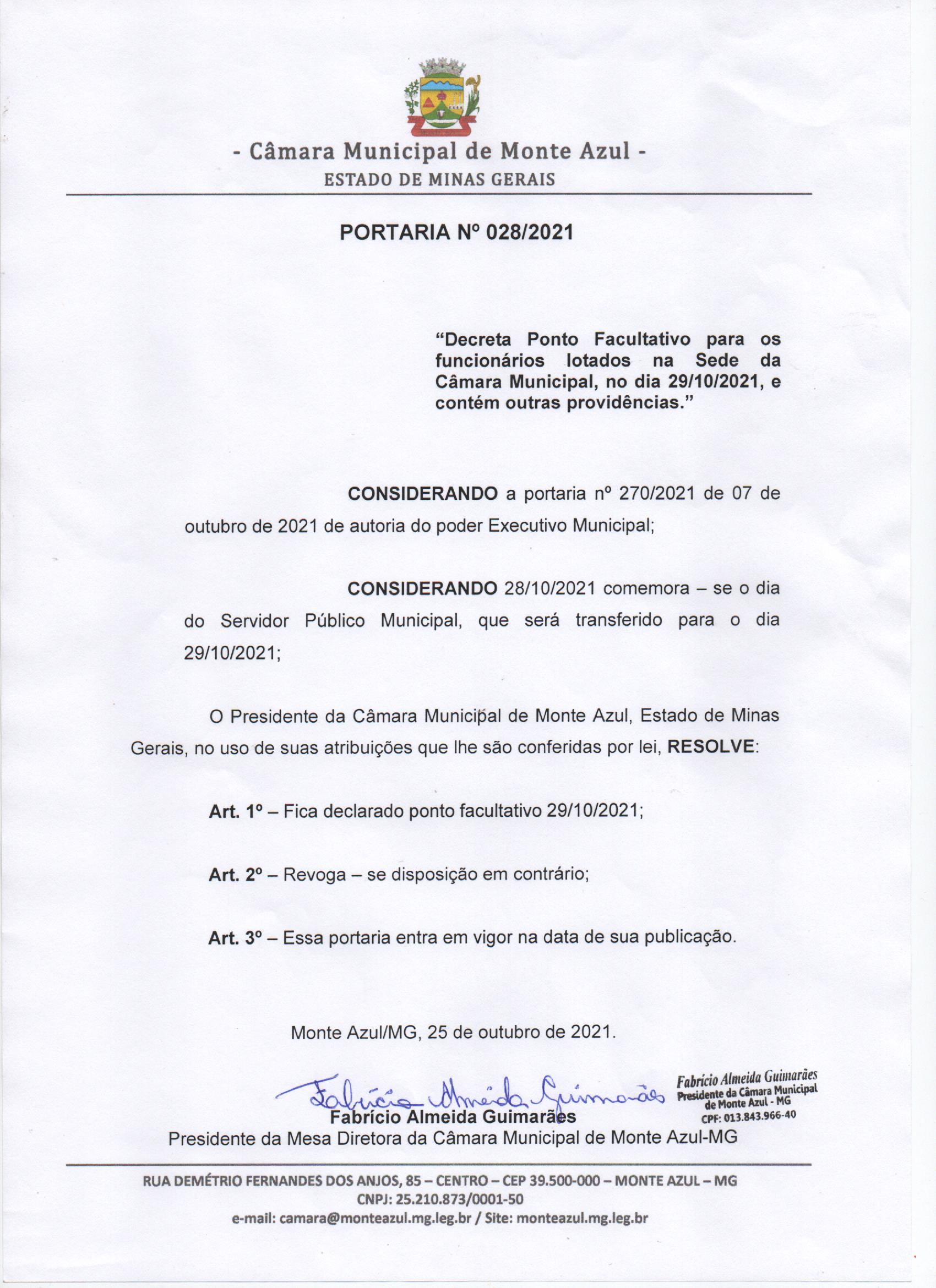 Portaria 28/2021 - Decreta Ponto Facultativo para os funcionários lotados na Sede da Câmara Municipal, no dia 29/10/2021, e contém outras providências.