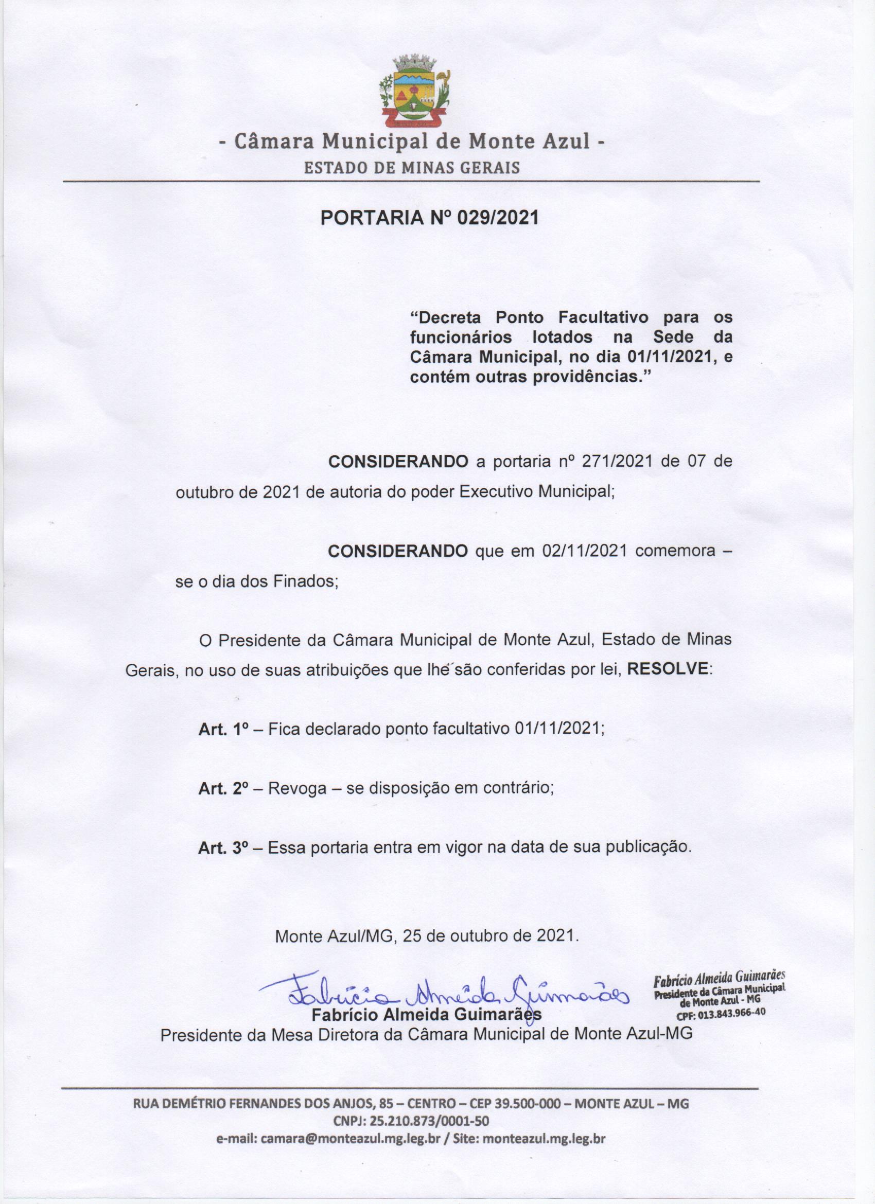 Portaria 29/2021 - Decreta Ponto Facultativo para os funcionários lotados na Sede da Câmara Municipal, no dia 01/11/2021, e contém outras providências.