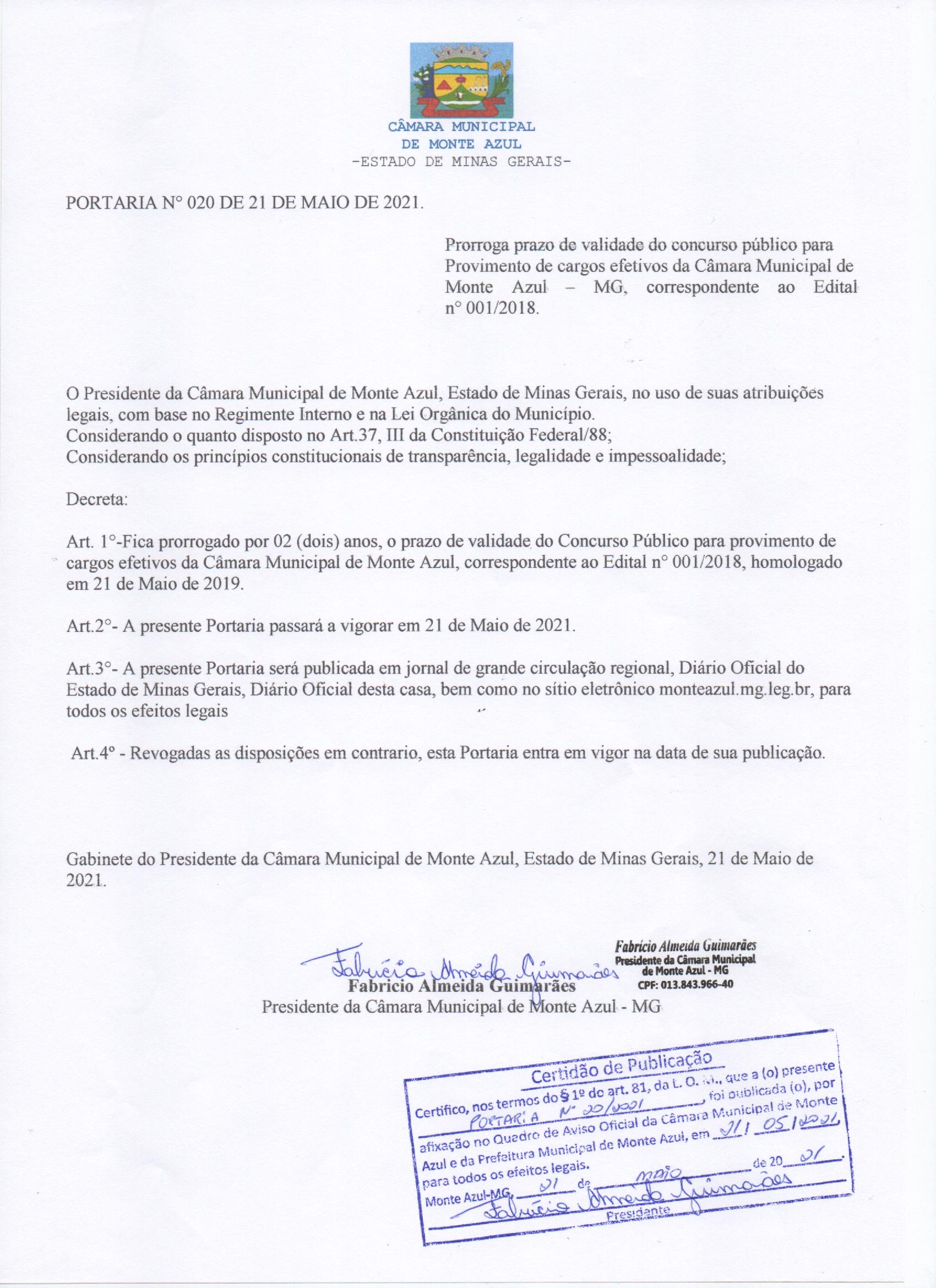 PRORROGADO O PRAZO DE VALIDADE DO CONCURSO PÚBLICO PARA PROVIMENTO DE CARGOS EFETIVOS – EDITAL N° 001/2018